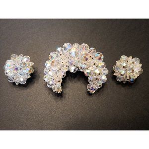 Vintage 1950's Laguna Crescent Moon Aurora Borealis brooch & clip on earrings